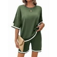 thumbnail image 2 of Womens Lounge Sets 2 Piece Outfits Short Sleeve Pullover Tops Wide Leg Pants Summer Travel Outfits  Green XL, 2 of 9
