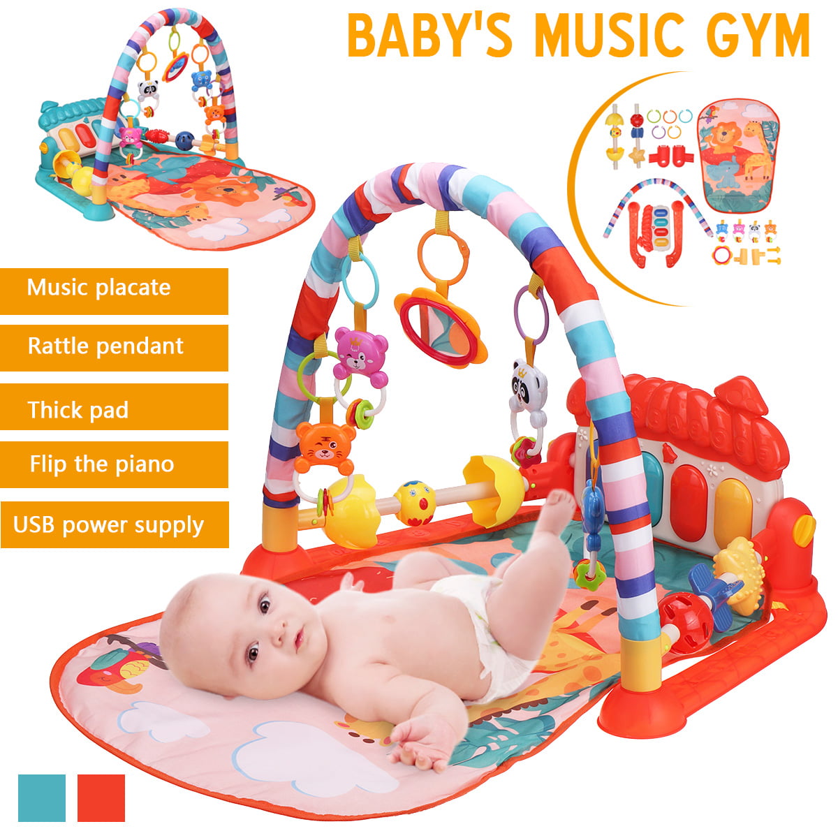 3 in 1 Baby Gym Floor Play Mat Musical Activity Center Kick And Play Piano Toy 