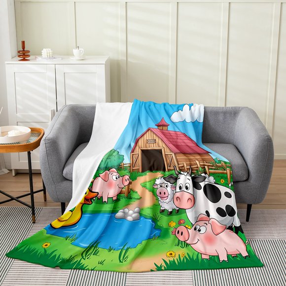 Erosebridal Farm Animal Sherpa Blanket, Kawaii Pig Cow Throw Blanket for Couch, Lake House Fuzzy Blanket Throw, Ultra Soft Room Decoration