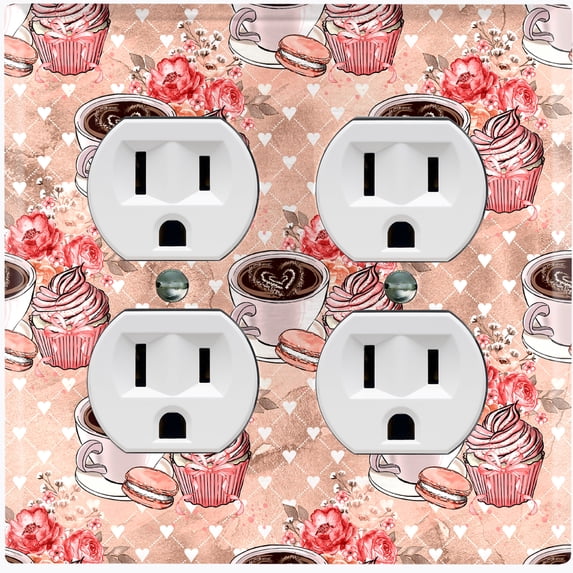 Metal Light Switch Wall Plate Outlet Cover (Coffee Mocha Espresso Heart Cupcake Macaron Flower Bouquet Pink - Double Duplex)