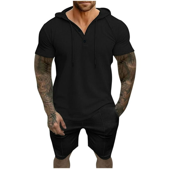 Xzbqbs Men's Sweatsuits 2 Piece Outfits Waffle Knit Sets Button Short Sleeve Athletic Hoodie and Shorts Casual Fashion Tracksuits