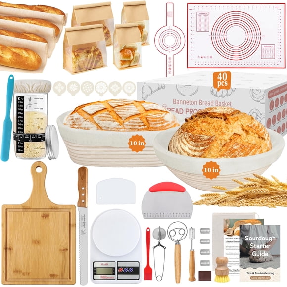 Aliggbent 40 Pcs Fournitures de Pâtisserie pour Pain au Levain, Paniers d'Apprêt Ronds et Ovales de 10 Pieds' pour Pain avec Banneton de Levain de 24 oz J
