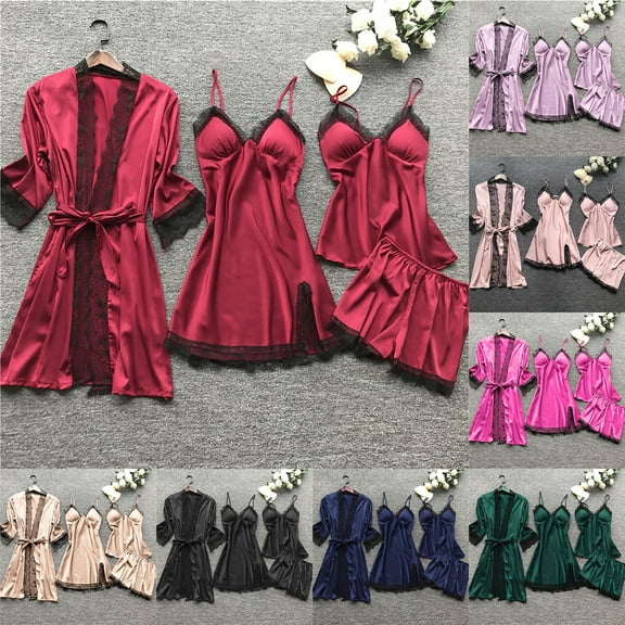 FRSASU Satin Pajama Set for Women 4 Piece Silk Pajama Set Lace Nightgown and Robe Sleepwear Set Red
