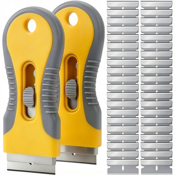 2 Pack Plastic Retractable Razor Scraper Set with 40 Metal Replacement Blades,Labels Decal & Adhesive Remover for Glass, Windows, Car, Tile & Stove Surfaces