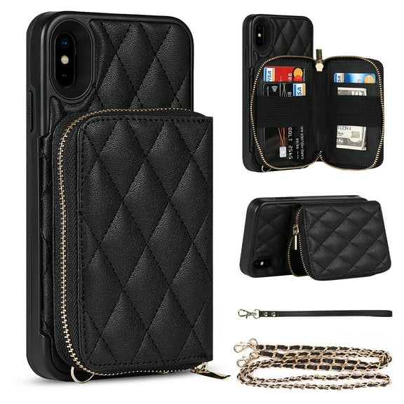 iPhone XS Max Wallet Case and Cover, Allytech Zipper Case with Card Holder Slot Crossbody Chain Strap Handbag Purse Wrist Strap Shockproof PU Leather Case for iPhone XS Max 6.5", Black