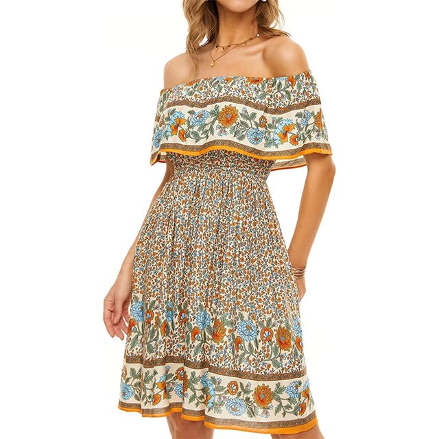 Sonducket Vestido corto informal para mujer, vestido veraniego de algodón bohemio, playa, vacaciones, fiesta, viaje, ropa de verano Sexy para mujer, color Prendas para la parte del cuerpo Caqui L Sonducket AP010707-03