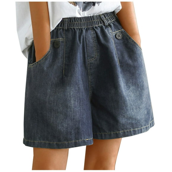 Denim Shorts pour Women Taille Élastique Lavé Jambe Large Jean Shorts Casual Baggy Lounge Pantalon avec Poches