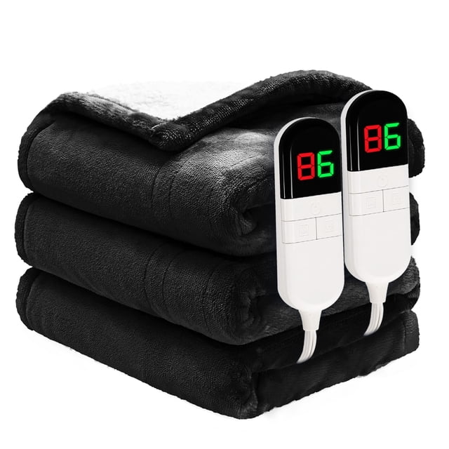 Manta eléctrica PTQ Premium King de franela sherpa de 90 x 100 cm, color negro
