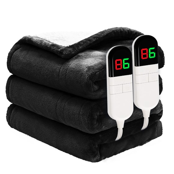 Manta eléctrica PTQ Premium King de franela sherpa de 90 x 100 cm, color negro