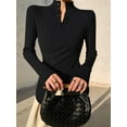 thumbnail image 3 of Women'S Knit Basic Sweater Elegant Stand Collar Button Slim Fit - Slit Long Sleeve Pullover Tops Black S, 3 of 6