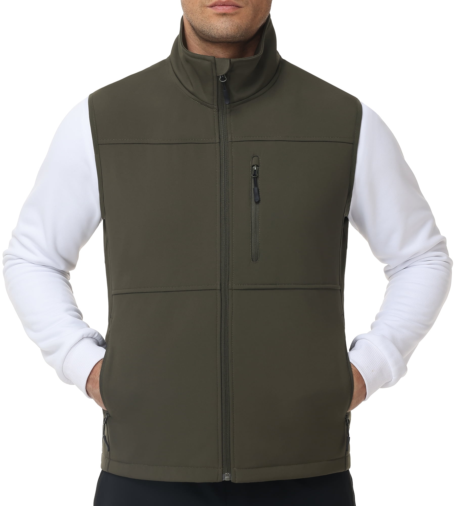 Satankud Mens Lightweight Softshell Vest Windproof Sleeveless Outerwear Zip Up Jacket Fleece Lined Waterproof Vest Outerwear for Running Hiking Travel Army-L