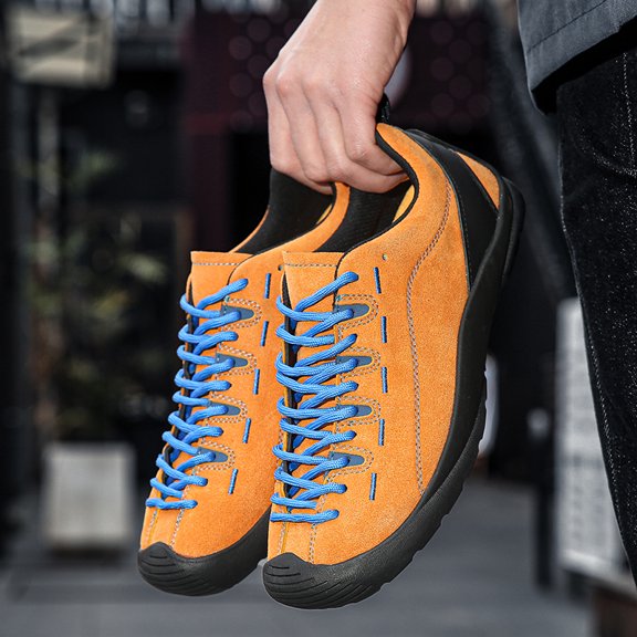 Men's Orange Suede Contrast Blue Lace-Up Moccasin Sneakers Anti-Collision Toe Flexible Outdoor Walking Shoes