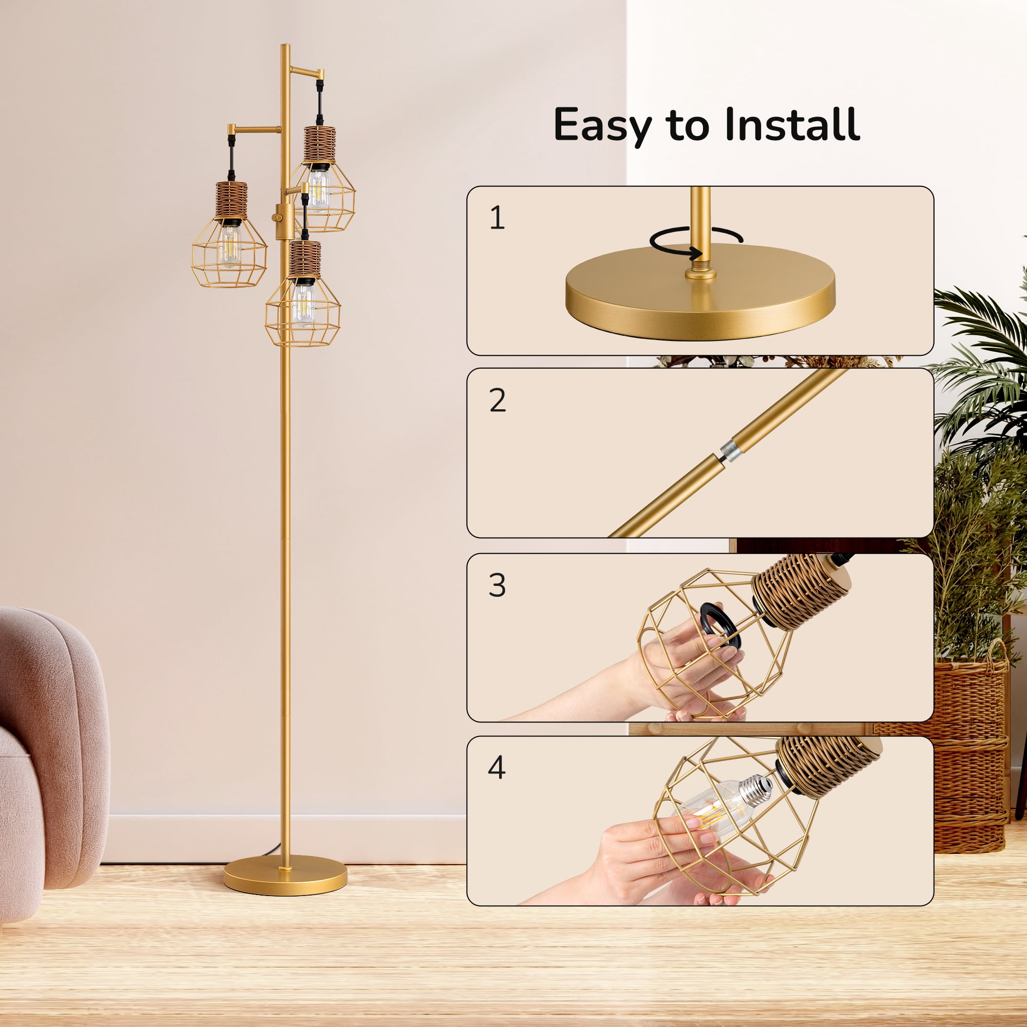 EDISHINE 64.7inch Industrial Gold Floor Lamps for Living Room Clearance, Dimmable, Metal Tree Standing Lamps for Bedroom, Office, LED Light Bulbs Included, Gold