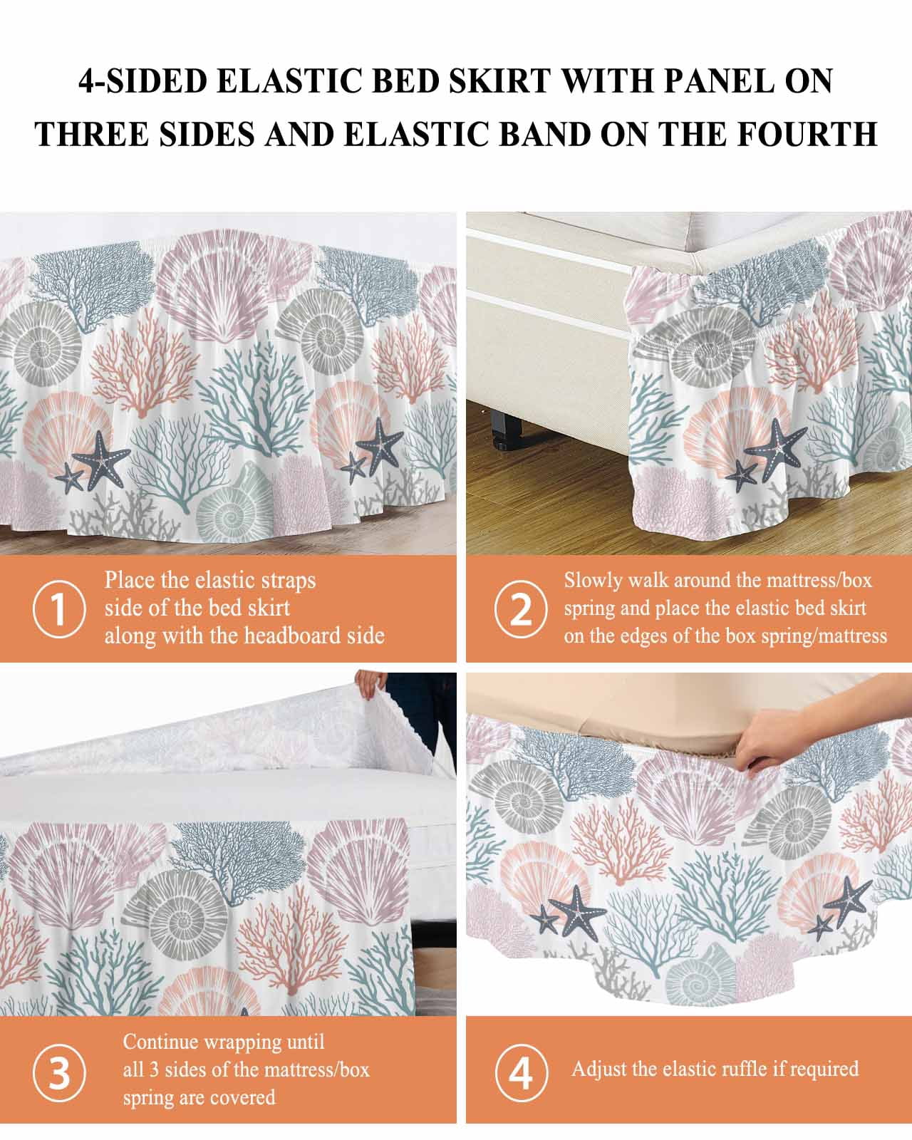 Coastal Starfish Wrap Around Bed Skirts for King Bed 18" Drop,Bed Skirt with Adjustable Elastic Belt Dust Ruffle Bed Valance for Bedroom Hotel Ocean Multicolor Coral Shell Conch Bed Frame Cover