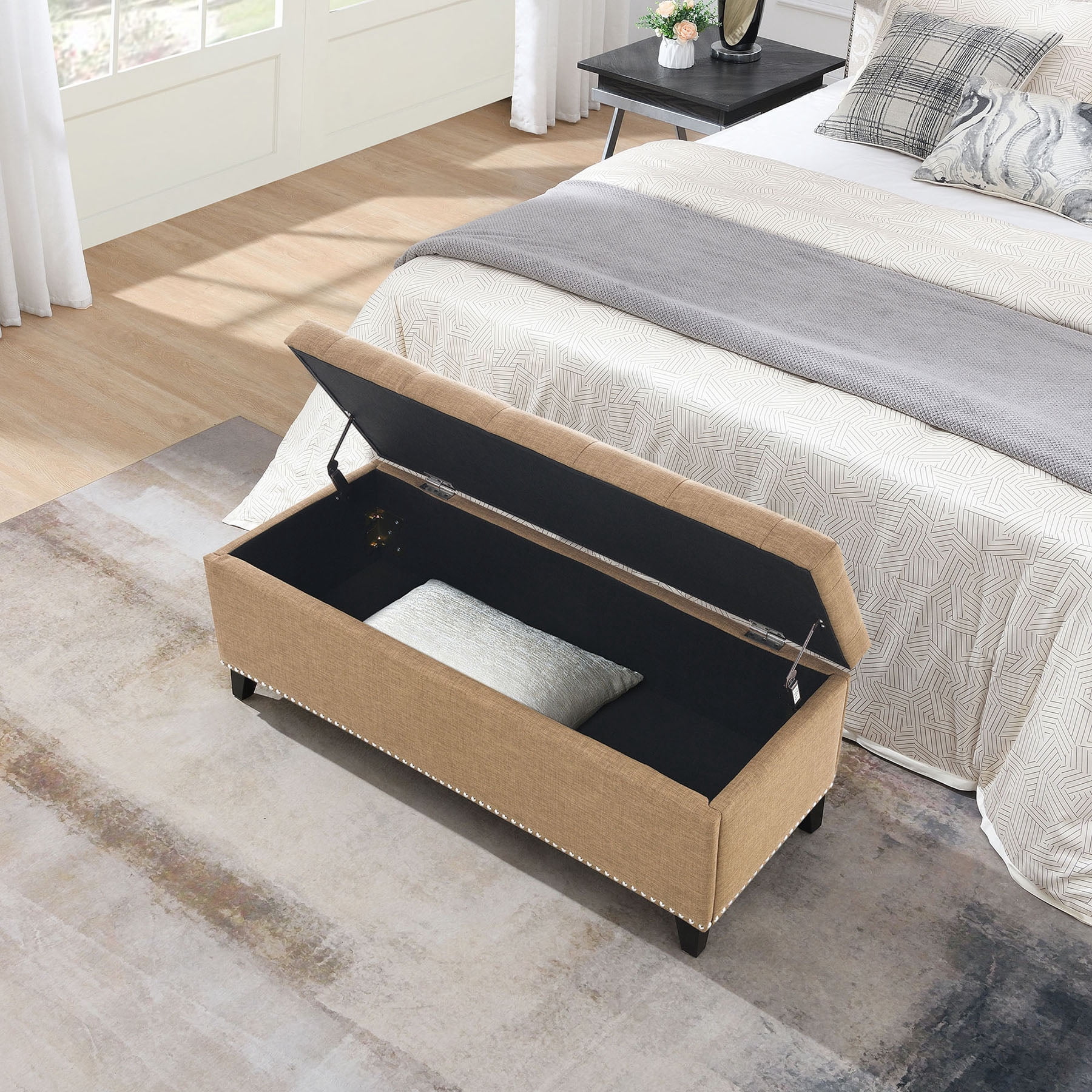 S-HOME Versatile 47.5-Inch Ottoman Storage Seat  with Safety Close Hinge, Teddy Upholstered Ottoman for Home Organization, Brown