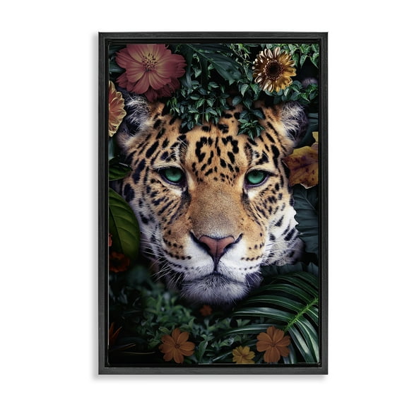 Stupell Industries Cheetah with Tropical Florals Animals Painting Black Floater Framed Canvas Art Print Wall Art, 17 x 25