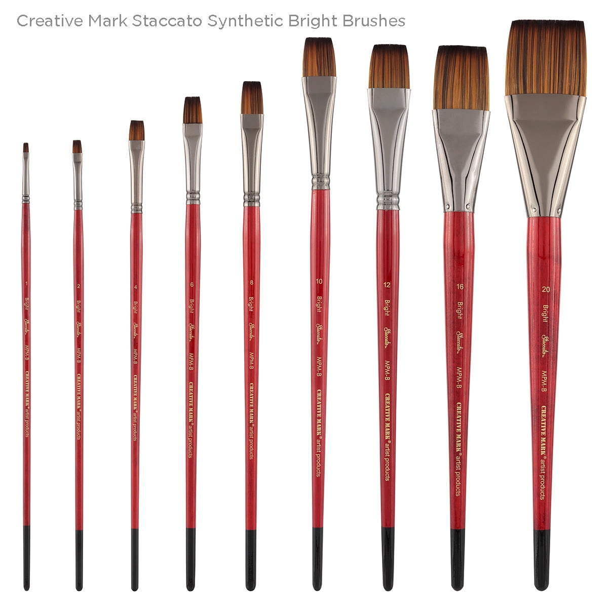 Creative Mark Staccato Artist Paintbrush - Bright Set of 8 - Synthetic Long Handled Brushes For Acrylic Paints, Handmade and Full Bodied With Springy Response