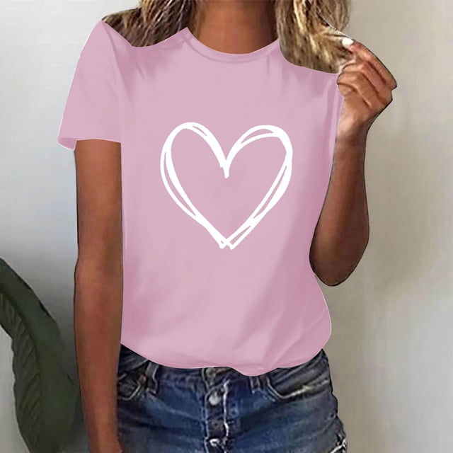 Meichang T-Shirts de la Saint-Valentin pour Femmes Hauts Mignons T-Shirts à Motif de Cœur Hauts de Fête Manches Courtes Blouses Décontractées de Printemps Col Rond Chandails à Enfiler