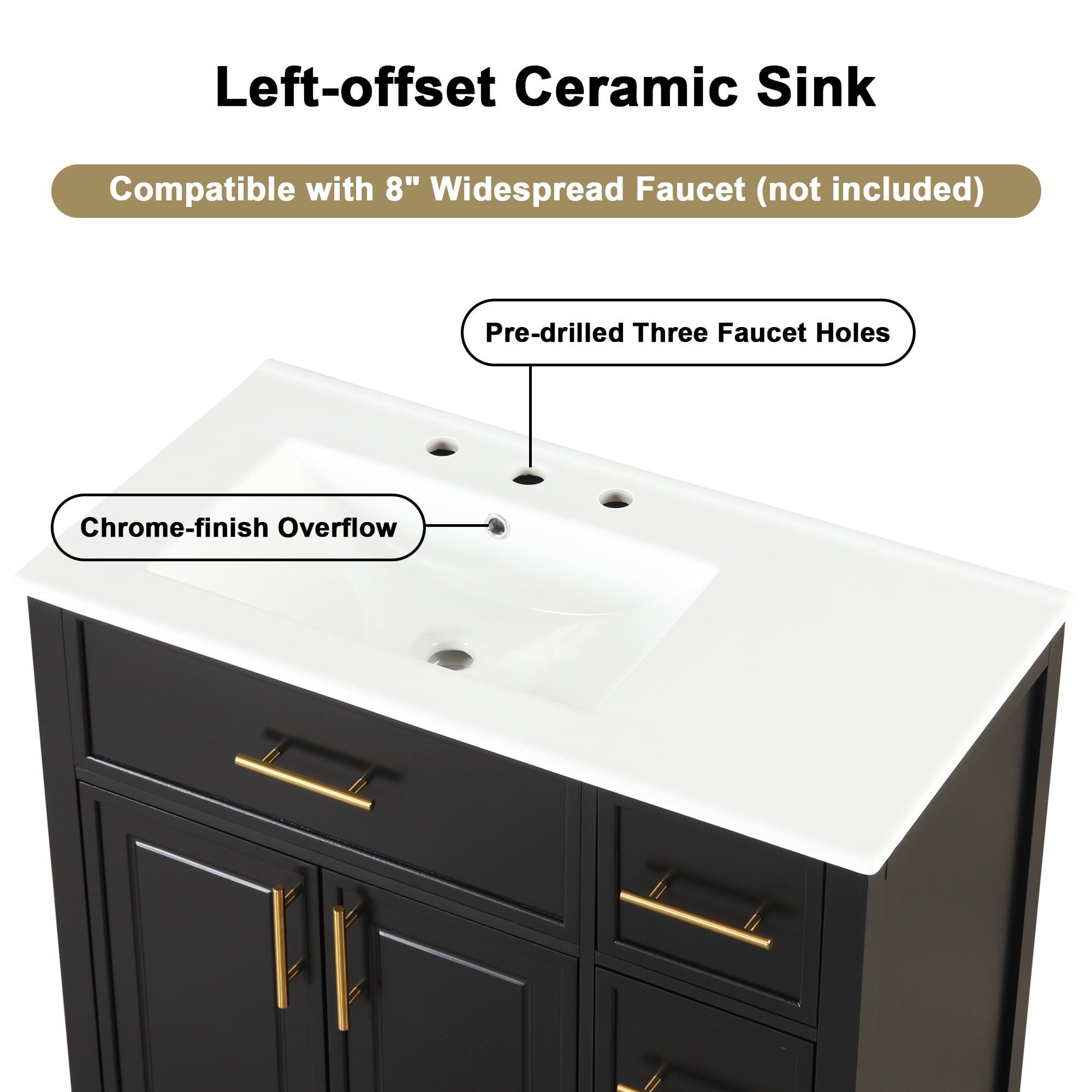 36" Bathroom Vanity with Sink Top, Two Doors and Three Drawers