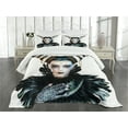 thumbnail image 3 of Ambesonne Fantasy Quilted Bedspread Set 3 Pcs, Gothic Lady Hair Horns, King Size, White Black, 3 of 5