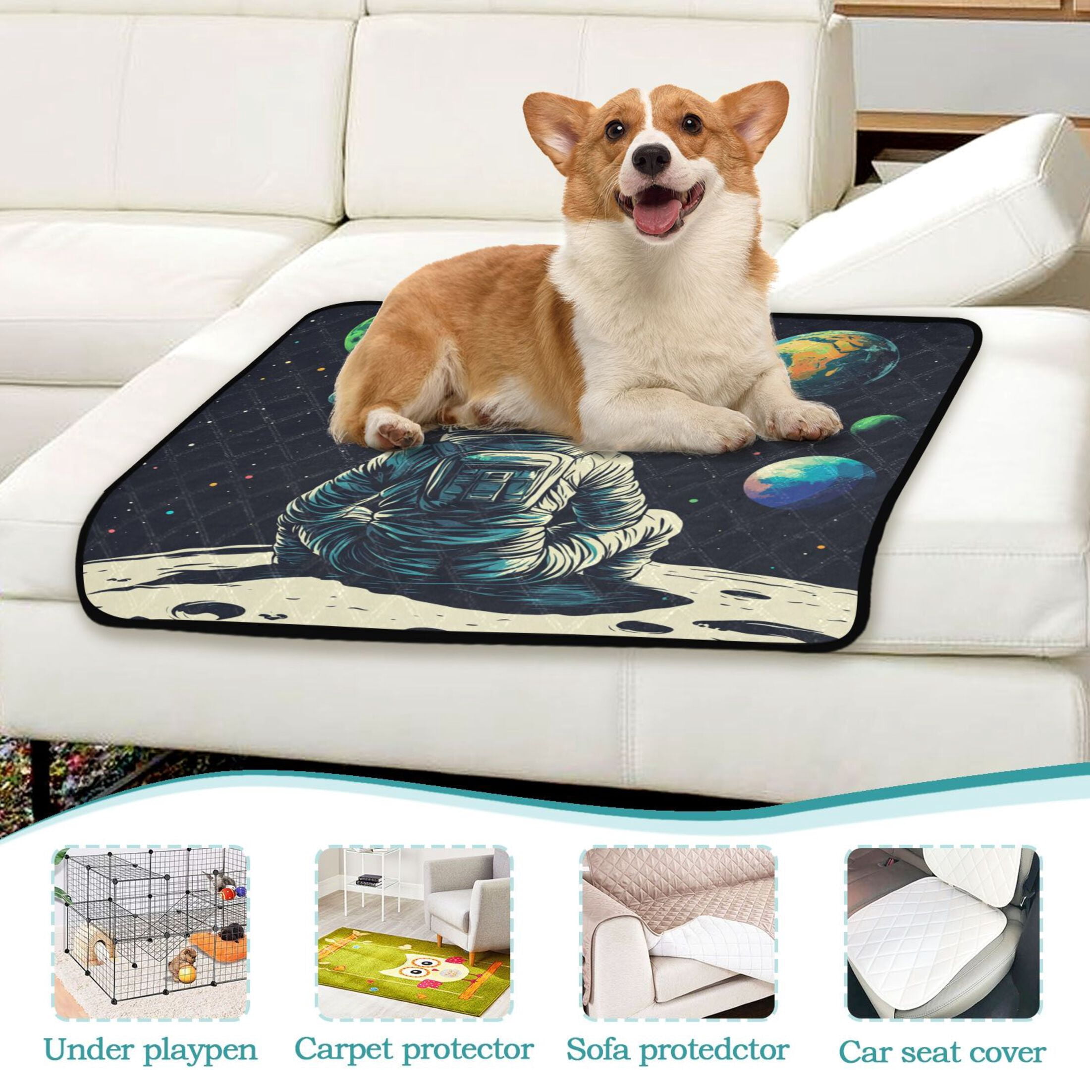 Qxltty Astronaut Sitting on The Moon Cat litter Pads Pet Set of 3 Diaper Mats Center Anti-leakage Layer Absorbent Soft and Comfortable