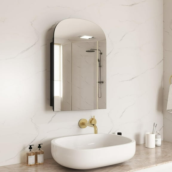 16x24 Inch Medicine Cabinet Mirror for Bathroom, Arched Mirror Cabinet with Storage, Frameless Mirror, in Wall or Surface Mount, All-Metal Body, Stable & Durable, Easy Installation