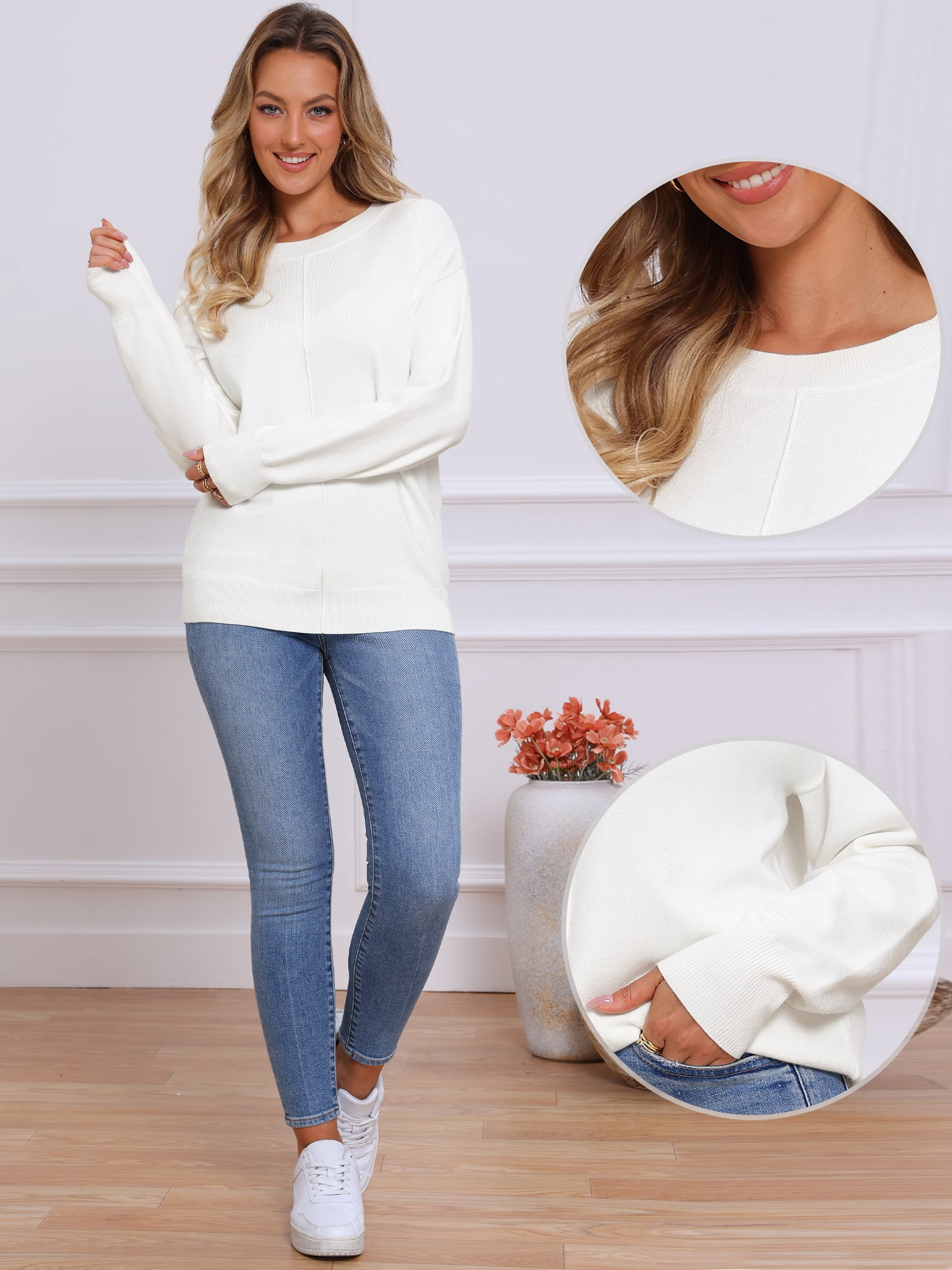 DARING DIVA Women's Long Sleeve Lightweight Crew Neck Knit Top XS White