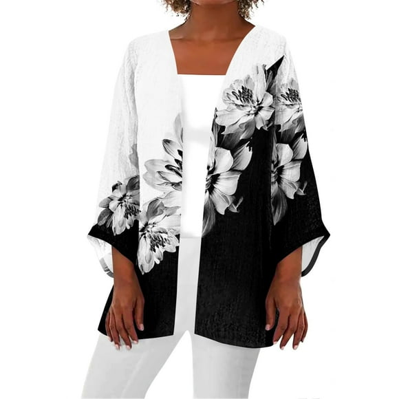 Alitao Womens Cardigan Long Sleeve Shirts Women 2025 Retro Print 3/4 Sleeve Cardigans Lightweight Blouse Tops Coat Casual Duster Jackets Lightweight Cardigans Womens Blouses Black M