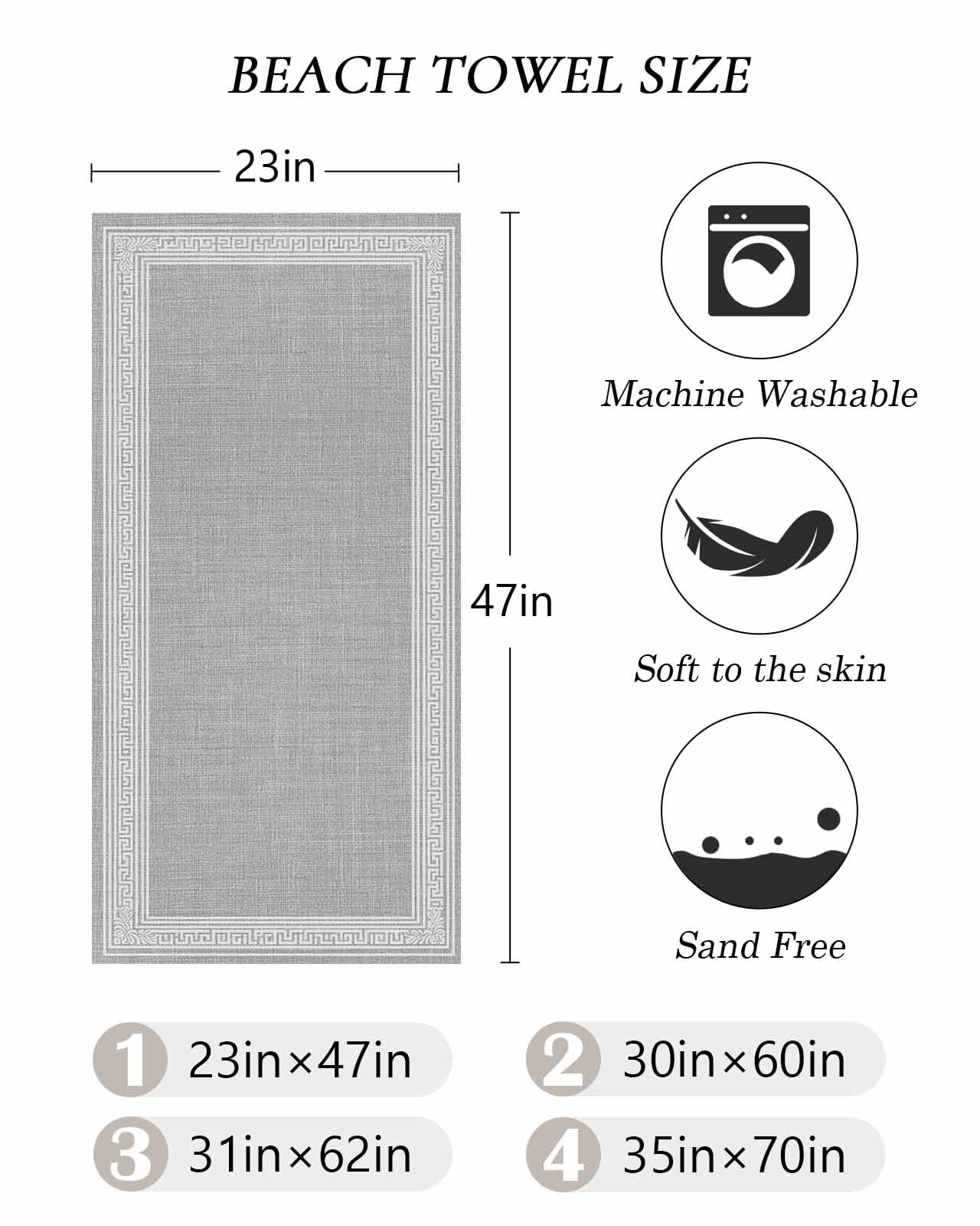 Grey Retro Greek Key Beach Towels Oversized Super Absorbent, Geometric Greece Ancient Rustic Lightweight Bath Towel Quick Dry Sets For Bathroom/Pool/Rv Camping/Beach Play/Gym Room/Picnic 31"x62"