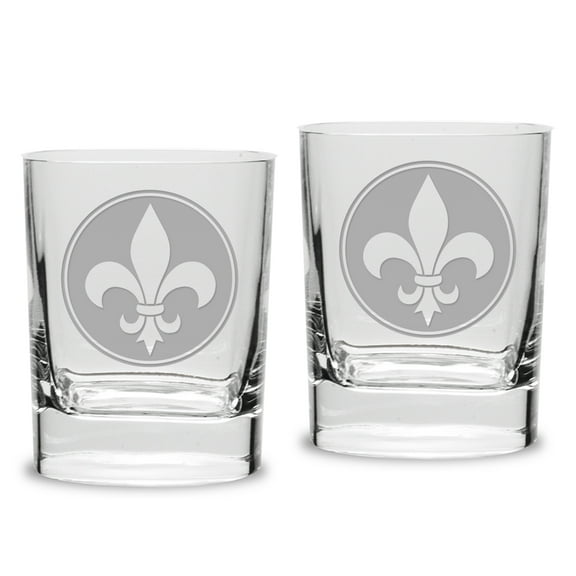 Fleur de Lis Deep Etched Luigi Bormioli 11.75 oz Square Round Double Old Fashion Glass Set of 2