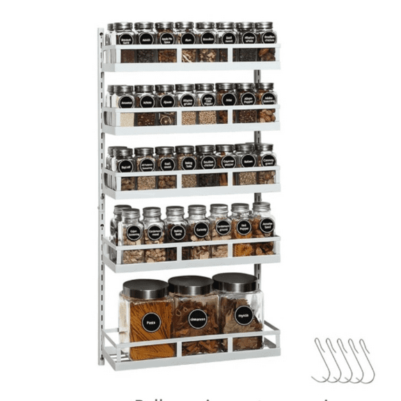 Wall Mount Spice Rack Organizer 5 Tier Height-Adjustable Hanging Spice Shelf Storage for Kitchen Pantry Cabinet Door, Dual-Use Seasoning Holder Rack with Hooks, White
