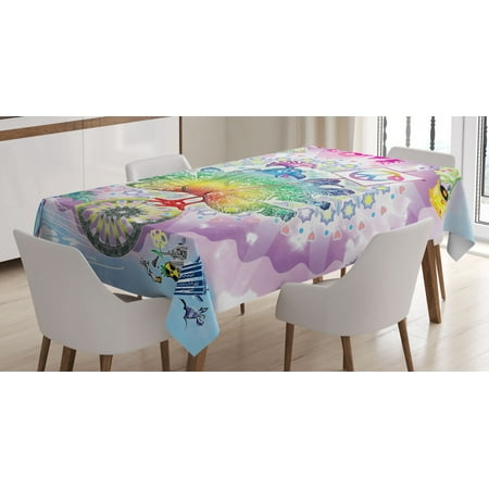 

Hippie Decor Tablecloth Funny Peacock with Make Love Not War Quote Hippie Flower Children Peace Theme Rectangular Table Cover for Dining Room Kitchen 60 X 90 Inches Multi by Ambesonne