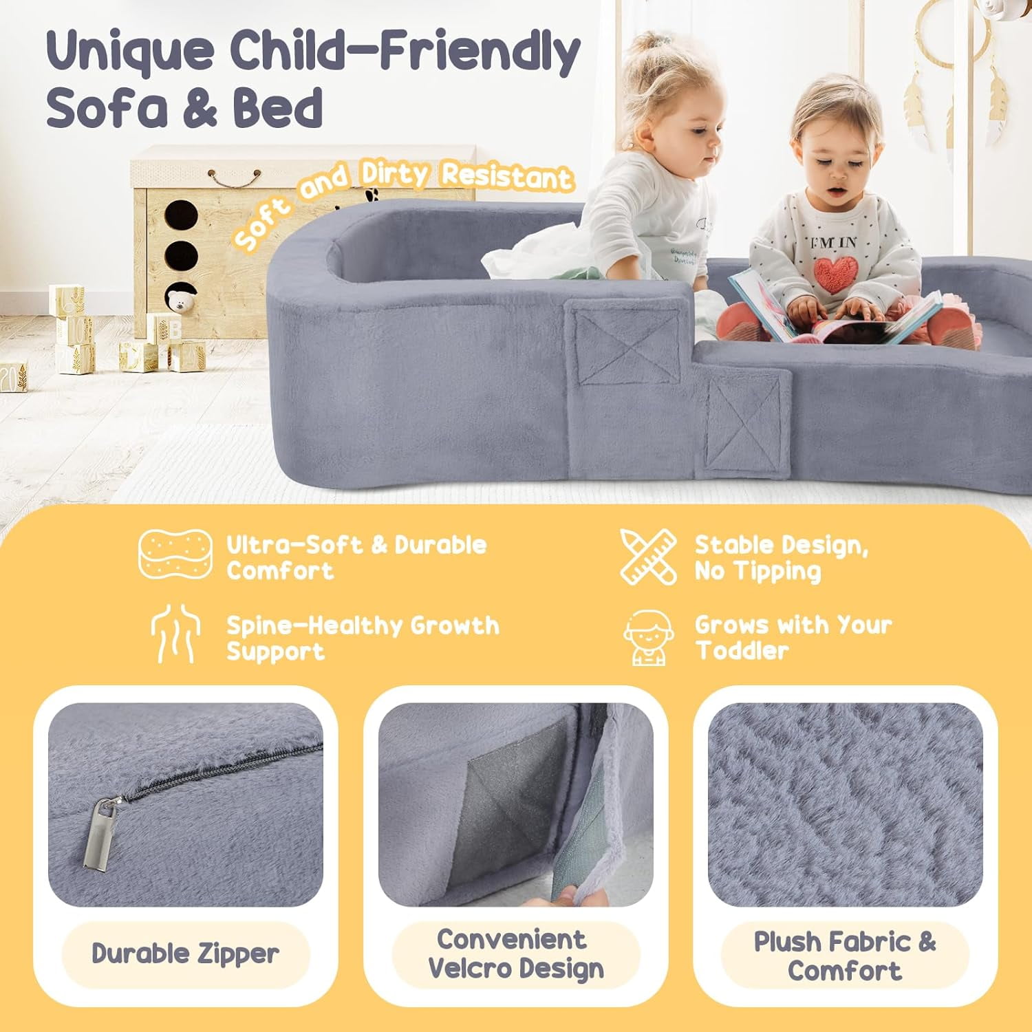 Toddler Travel Bed, 2-in-1 Foldable Portable Toddler Bed Sofa Chair, Soft Baby Kids Travel Floor Cot with Washable Covers Blue