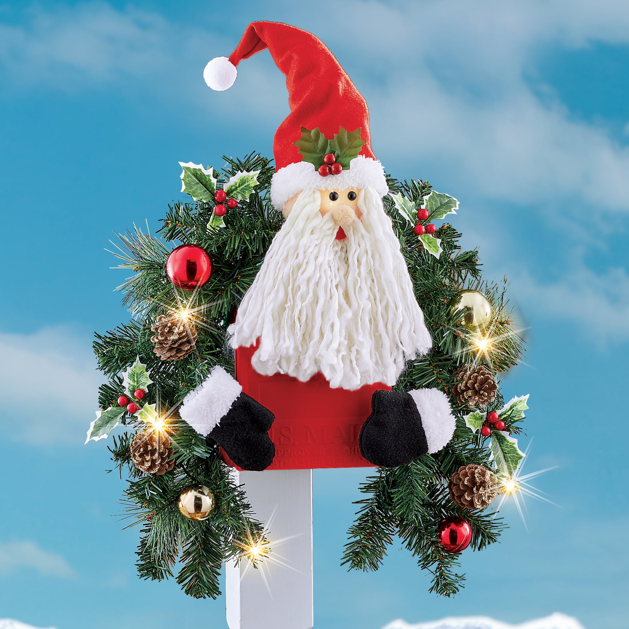 Collections Etc Lighted Santa Holly Evergreen Solar Mailbox Swag