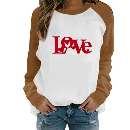 ZHOUCHANKIDS Women s Valentine s Day Letter Print Casual Round Neck Sweatshirt Long Sleeve Pullover Top For Holiday Romance Brown XXL