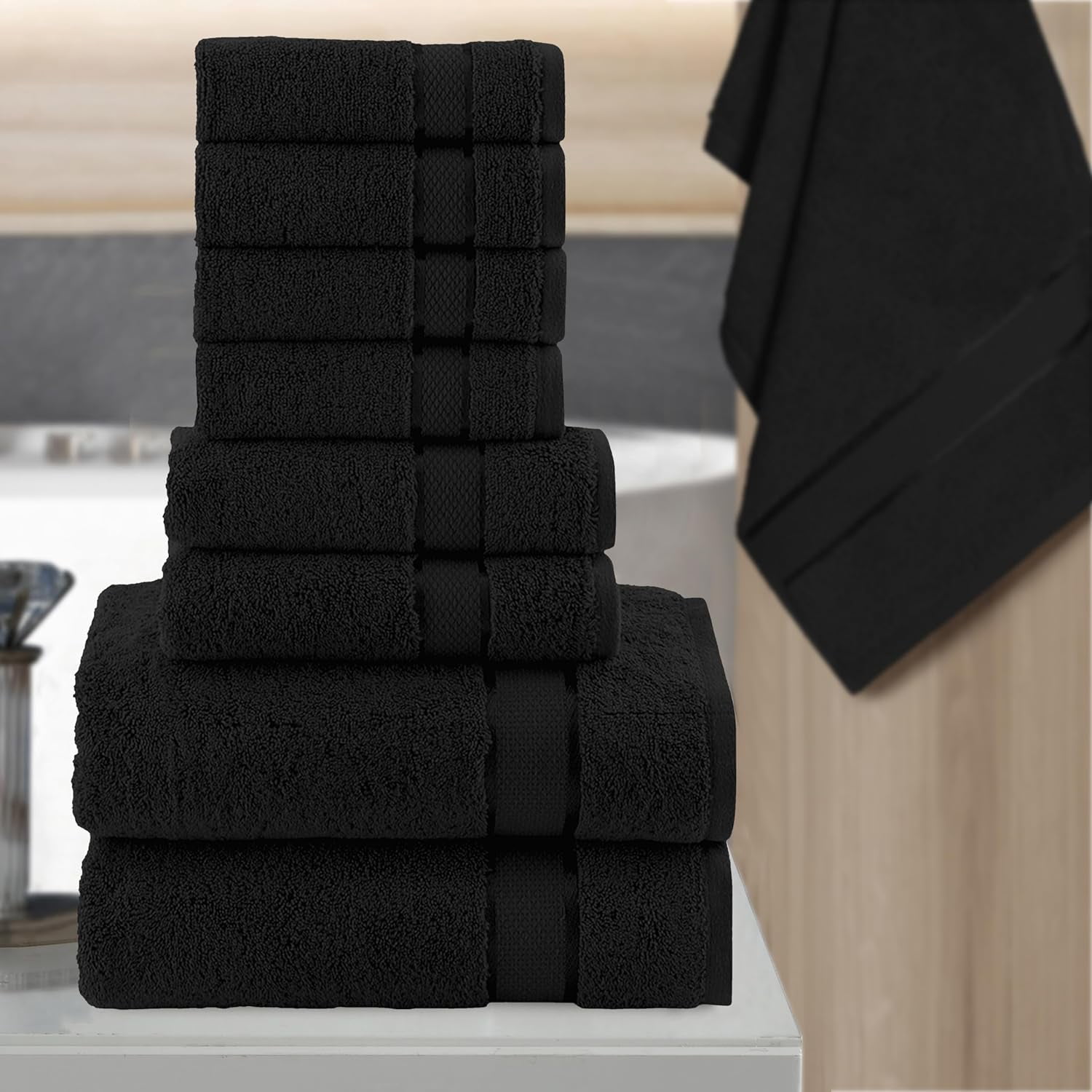Cotton 8-Piece Towel Set, Includes 4 Washcloths, 2 Hand Towels and 2 Bath Towels, 100% Turkish Cotton - Highly Absorbent and Super Soft Towels for Bathroom, Black
