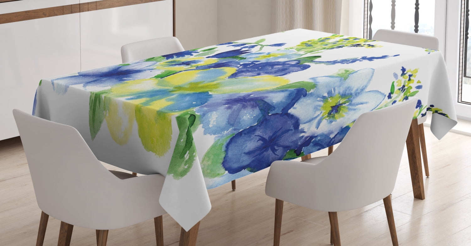 Yellow and Blue Tablecloth, Spring Flower Watercolor Flourishing