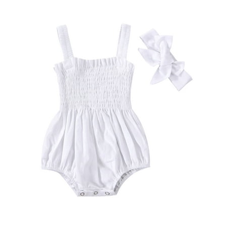 

Qmyliery Baby Summer Jumpsuit Outfit Solid Color Ruched Toddler Girl Casual Sleeveless Suspender Rompers and Headband