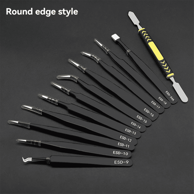 Anti-Static 12Pcs/Set Curved Straight Tweezers ESD Tweezers Stainless Steel Industrial Repair Tools