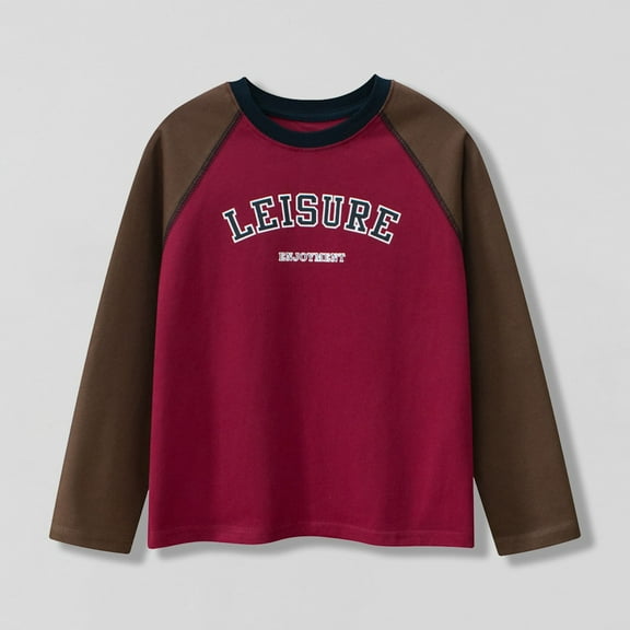 NAISIBABY Boys Long Sleeve T-Shirt 10-12 T, Cotton Letter Prints Crewneck Casual Active Raglan Tee Wine(5-15T)