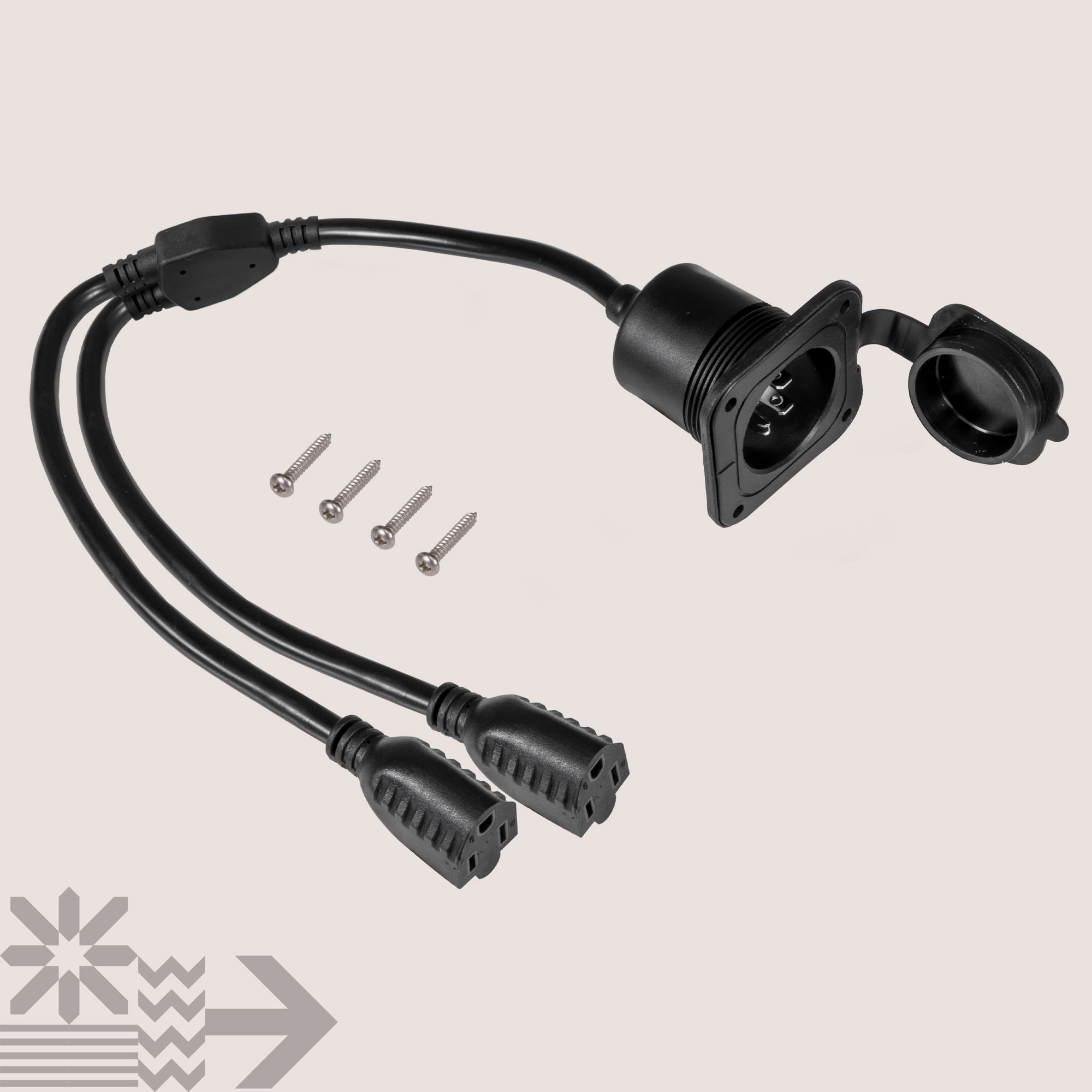 15A Flanged Inlet Shore Power Supply Receptacle w/ DUAL 16" Extension Cord for RV Camper Boat Trailer [NEMA 5-15 125V] [Low-Profile] [Dust/Waterproof] [3/14AWG Power Wire][ETL Approved][UV Resistant]