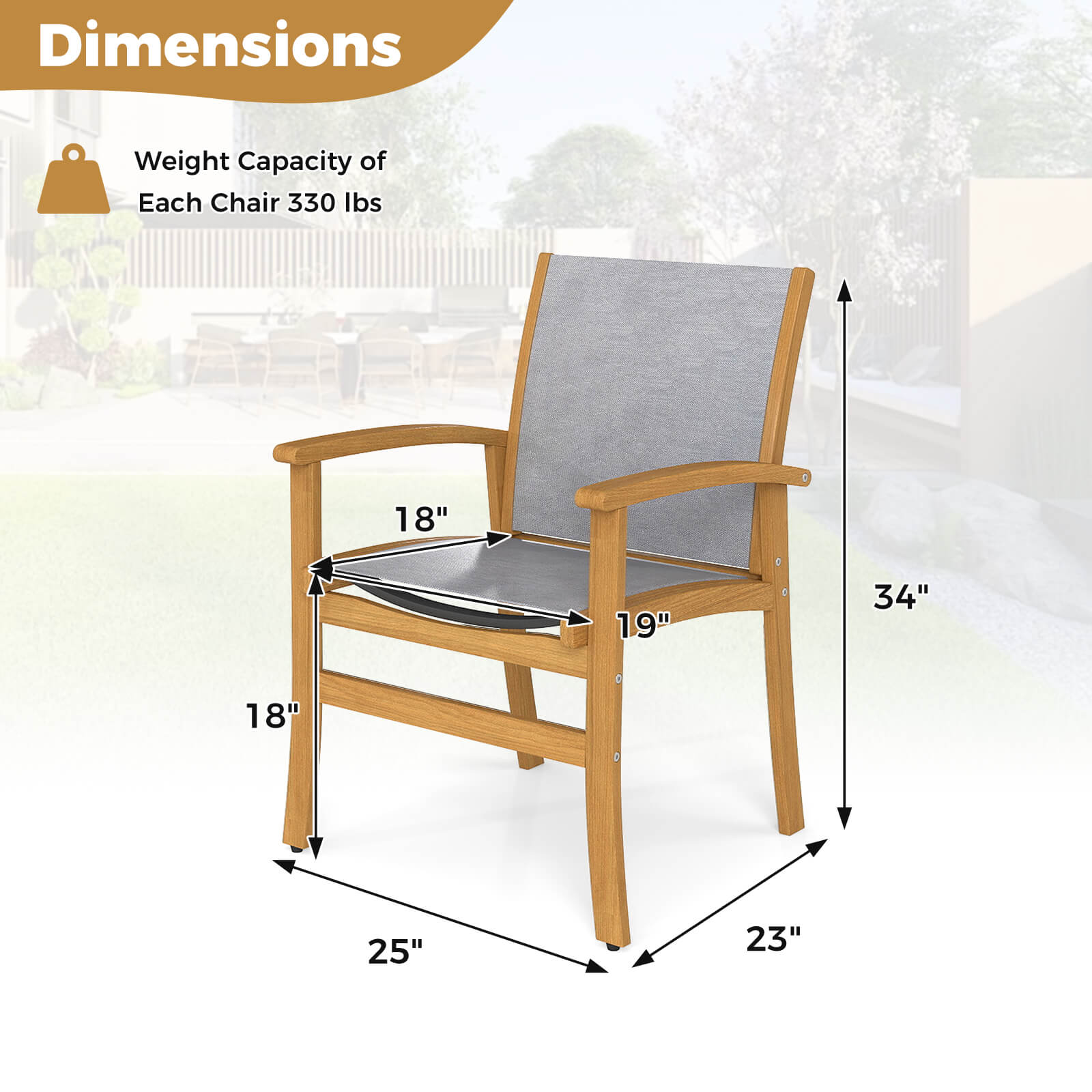 Costway 2 PCS Outdoor Dining Chairs Acacia Wood Patio Chairs with Breathable Fabric Seat