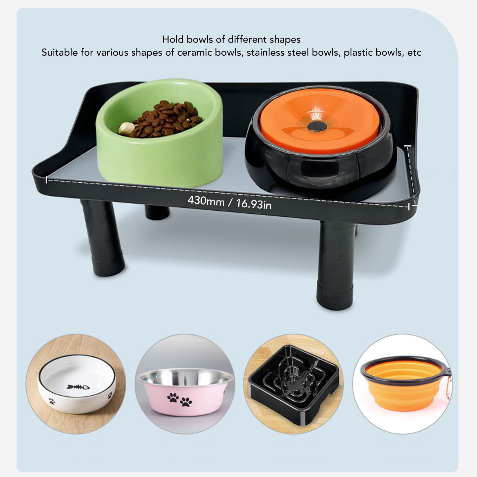 M Buder Adjustable Elevated Pet Bowl Stand for Dogs & Cats, Anti-Tip Lifting Food and Water Feeding Station Table with Silicone Mat, Neck Protection Design, Length 16.93 in / 43 cm, Medium & Large