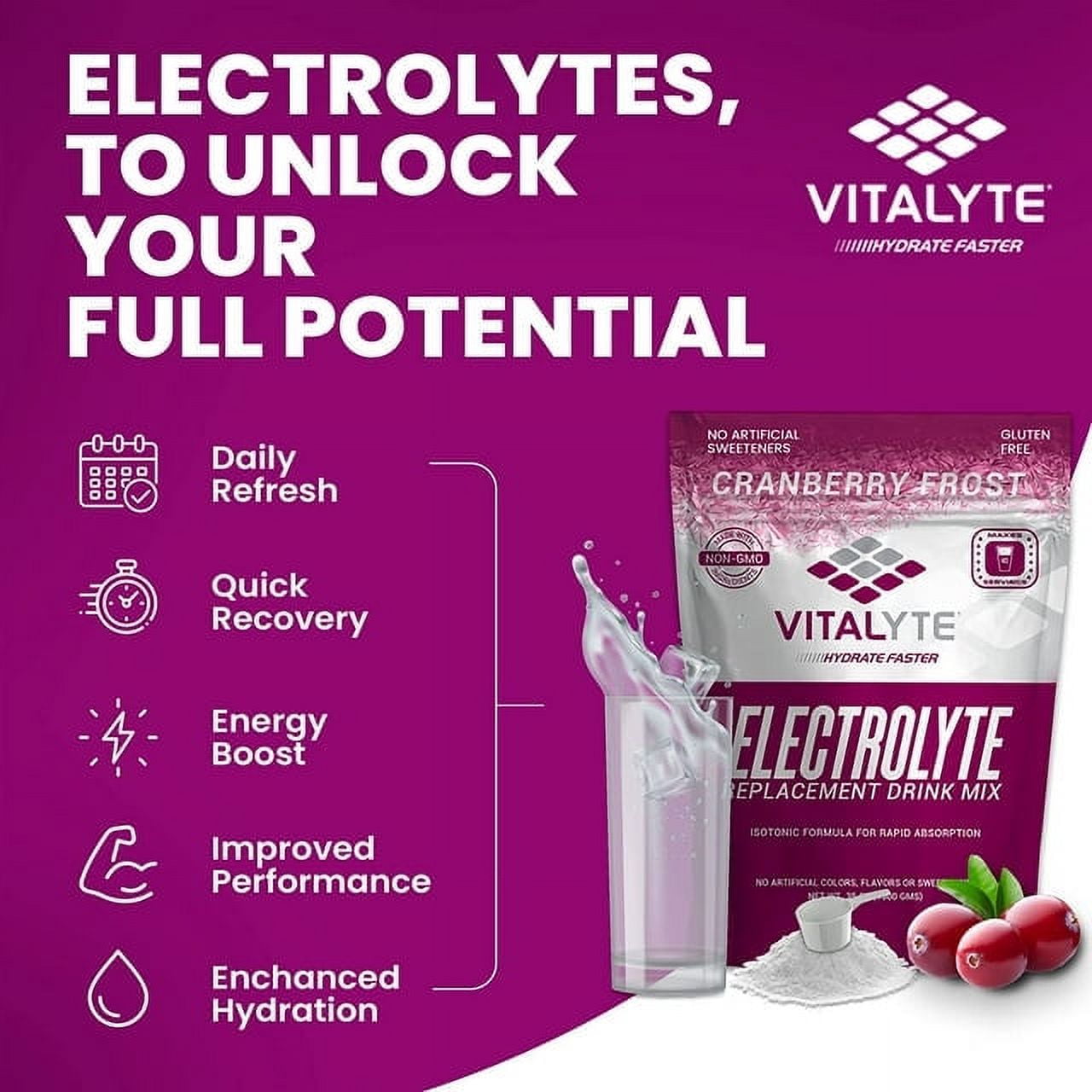 Vitalyte Cranberry Frost Electrolyte Powder Mix, Isotonic Hydration, 160 Servings (4-Pack, 35 oz each)