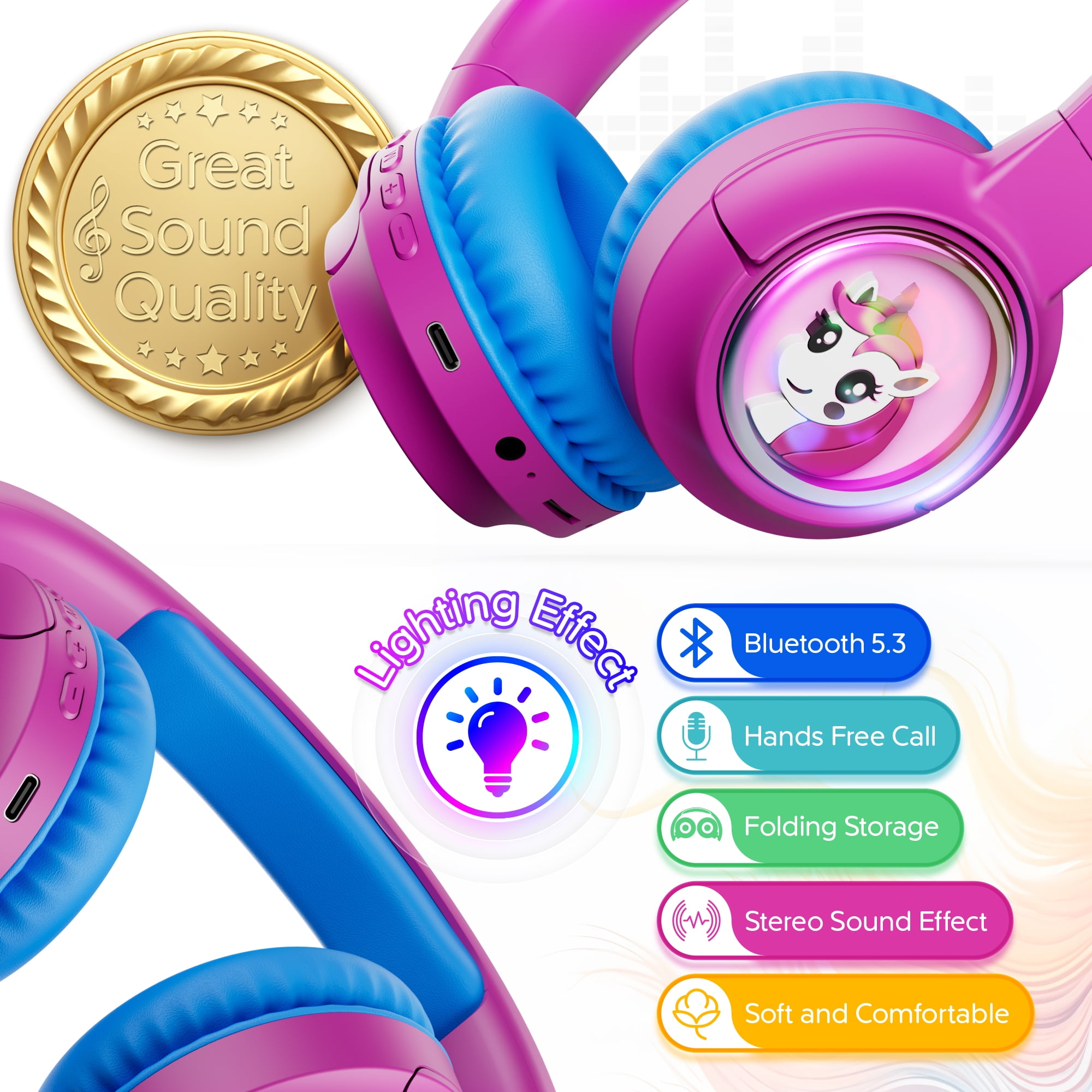 Contixo Foldable Kids Headphones with Microphone, Noise-Limiting Bluetooth Headphones, Pink