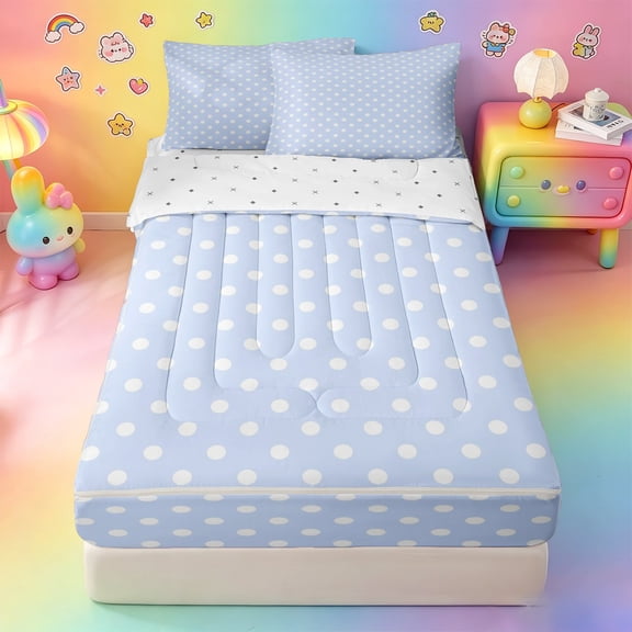 Erosebridal Blue Polka Dot Zipper Twin Comforter Sets with Fitted Sheet and 2 Pillowcases,Off-White Circle Fresh Zipper Bedding Set For Girls,Reversible,4 Pieces