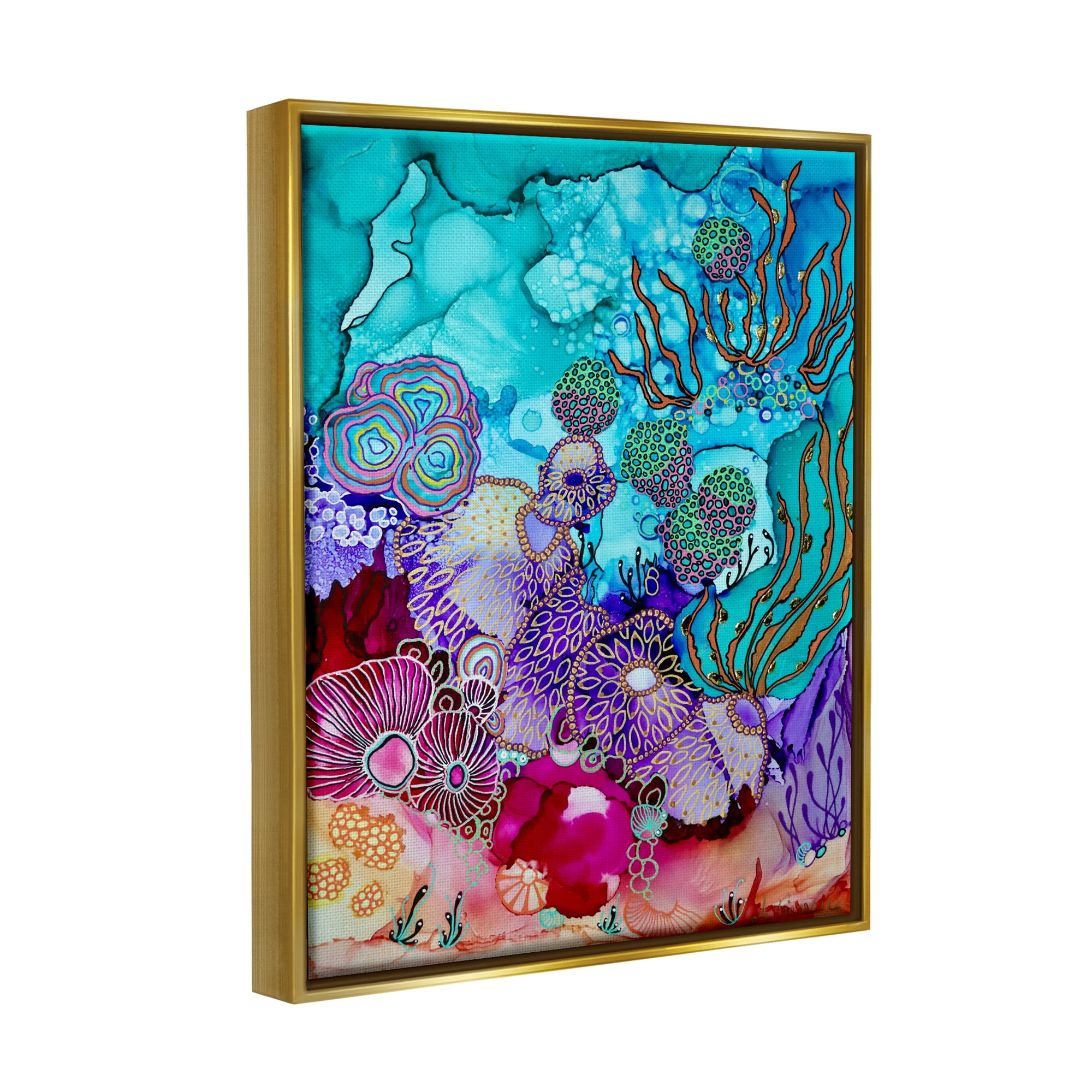 Stupell Industries Modern Coral Reef Abstract Painting Gold Floater Framed Canvas Art Print Wall Art, 25 x 31