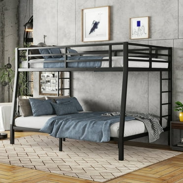 Full XL over Queen Bunk Bed,Heavy Duty Metal Bunk Bed with 2 Side Ladders,Space-Saving/Noise Reduced/No Box Spring Needed,Black