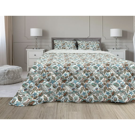 Crabs Comforter & Sham Bedding Set, Illustration of Sea Life Crabs Octopus Shells Starfish and Medusa Marine Print, 3 pcs Duvet Set Microfiber Filling Quilt, 5 Sizes, Turquoise Brown, by Ambesonne