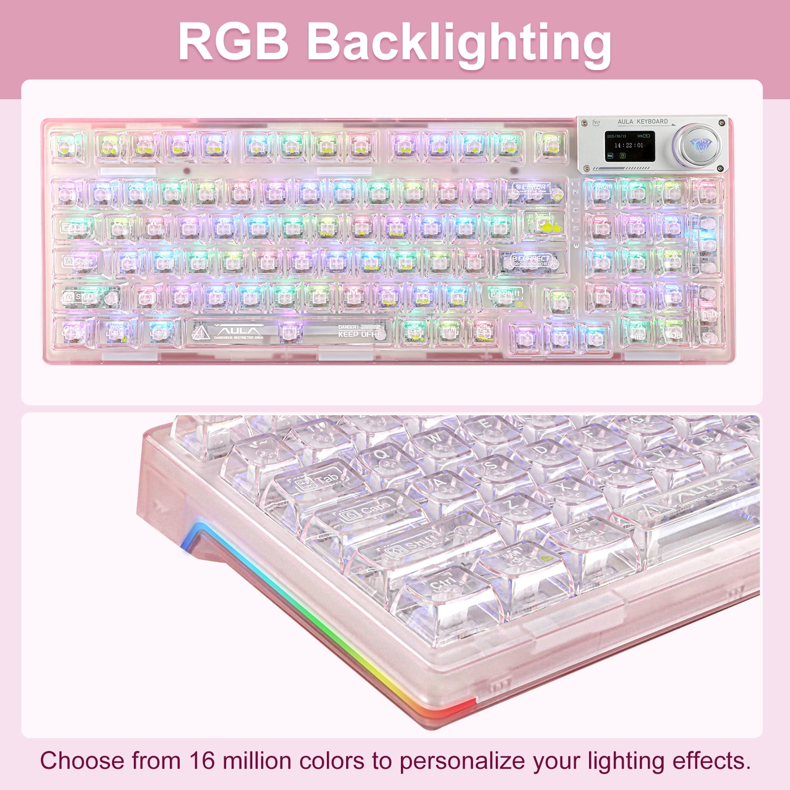 AULA F98Pro RGBクリアキーボード USB接続 OUSEITECH F98Pro Wireless Mechanical Keyboard Pink Tri-Mode RGB